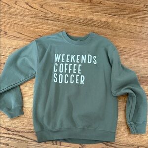 Gildan Olive Green Crewneck Sweatshirt with White 'WEEKENDS COFFEE SOCCER' Text